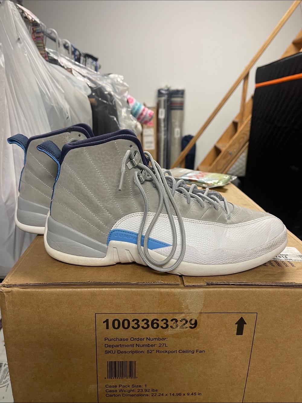 Jordan Men's Gray White Athletic Shoes with Blue Accents
